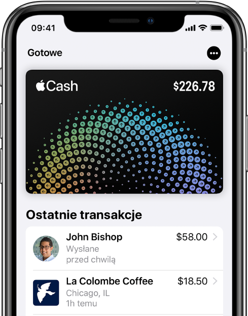 Karta Apple Cash w aplikacji Wallet; w prawym górnym rogu znajduje się przycisk Więcej, a pod kartą — lista ostatnich transakcji.