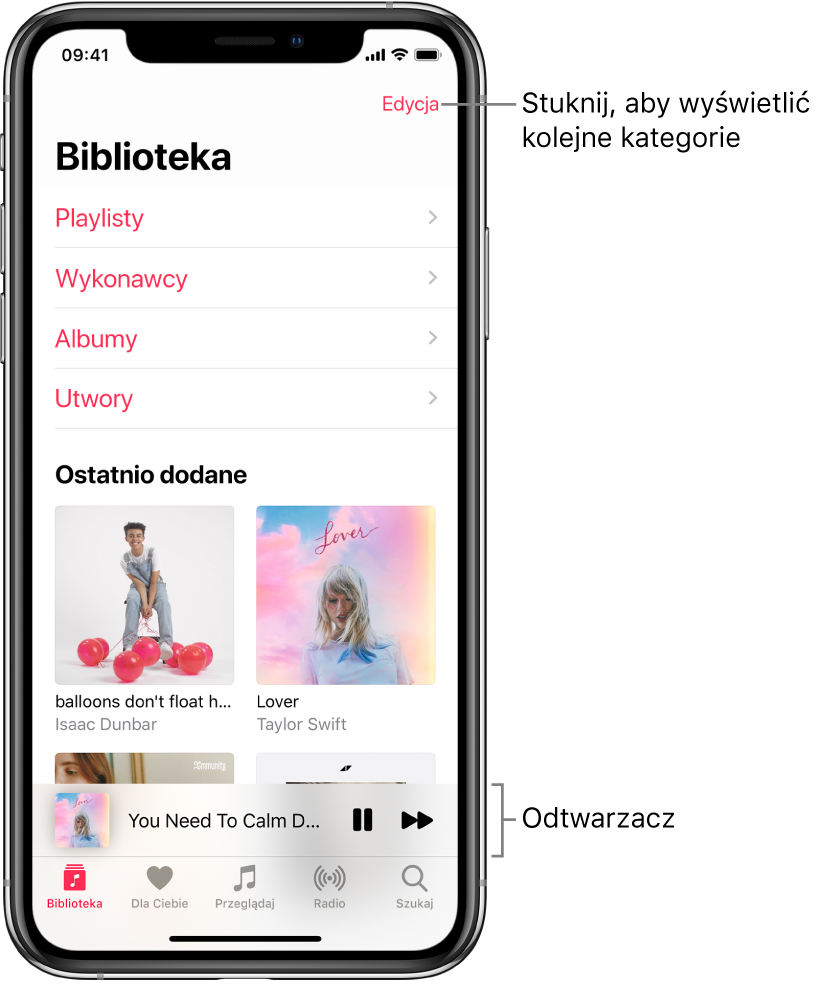 Ekran Biblioteka zawierający listę kategorii, w tym Playlisty, Wykonawcy, Albumy i Utwory. Pod listą znajduje się nagłówek Ostatnio dodane. Odtwarzacz wyświetlający tytuł bieżącego utworu; na dole znajduję się przyciski pauzy i przejście do następnego utworu.