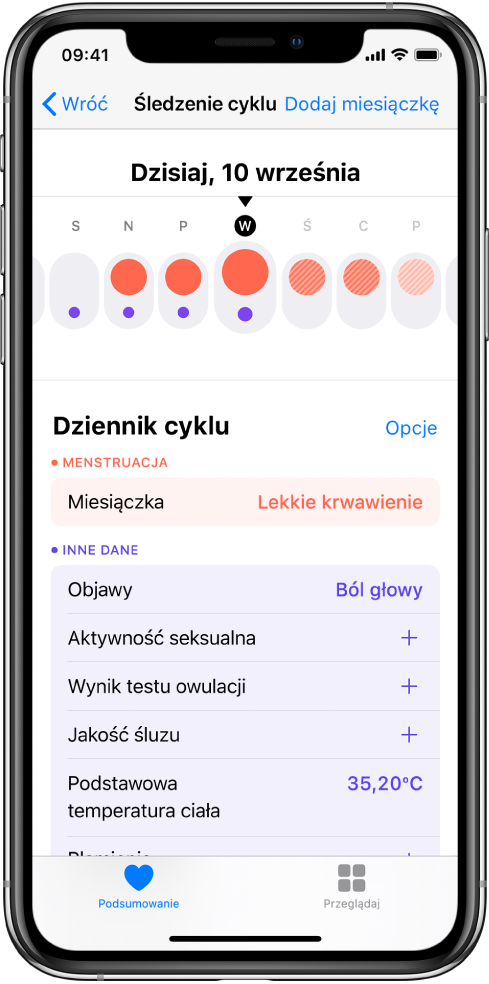Ekran śledzenia cyklu. Na górze ekranu widoczna jest linia czasowa przedstawiająca tydzień. Pierwsze trzy dni oznaczone są czerwonymi kółkami, natomiast dwa ostatnie dni oznaczone są kolorem jasnoniebieskim. Poniżej linii czasowej znajdują się opcje pozwalające na dodawanie danych dotyczących miesiączki, objawów i innych.
