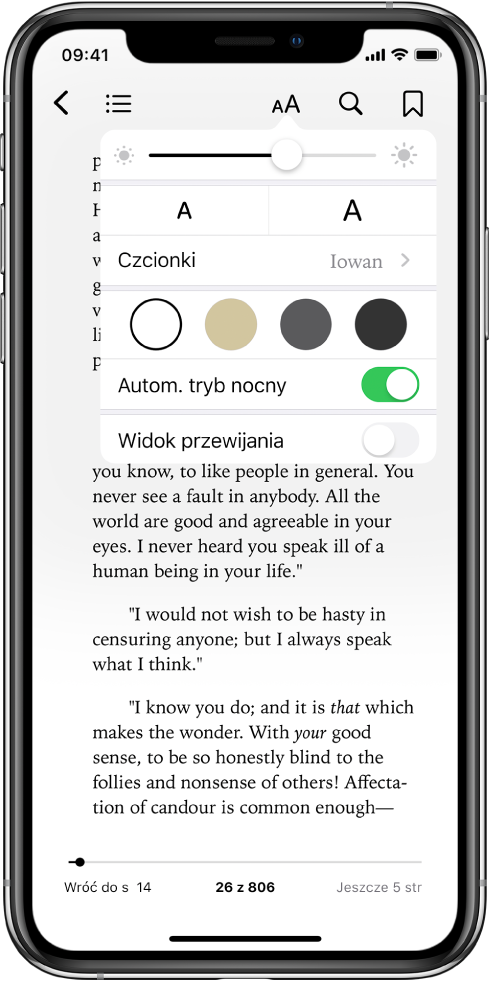 Menu wyglądu zawierające (od góry do dołu) narzędzia: jasności, wielkości czcionki, czcionki, koloru strony, automatycznego trybu nocnego oraz widoku przewijania.