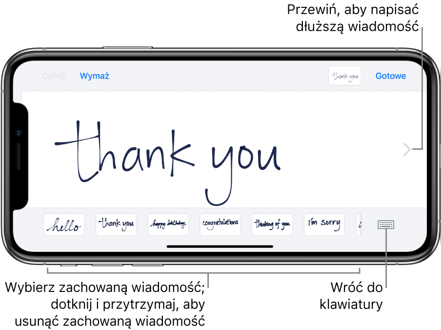 Ekran pisania z wyświetloną wiadomością odręczną. Na dole (od lewej) wyświetlane są zachowane wiadomości oraz przycisk wyświetlania klawiatury.