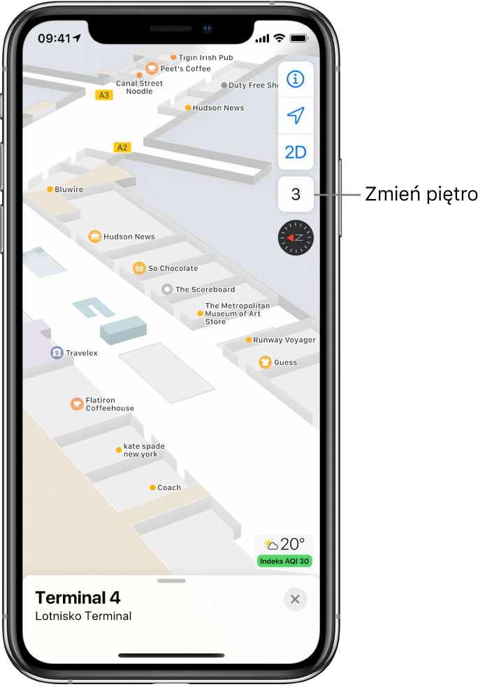 Mapa wnętrza przedstawiająca terminal lotniska. Na mapie widoczne są sklepy oraz bramki.