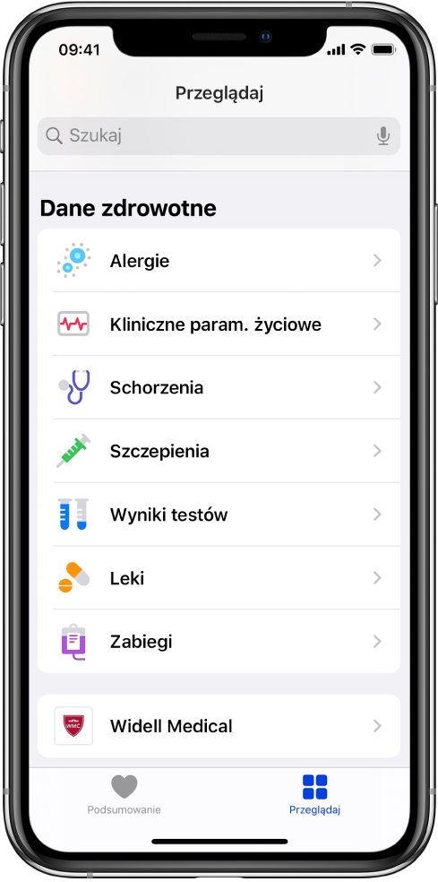 Ekran Dane zdrowotne w aplikacji Zdrowie. Lista kategorii obejmuje między innymi pozycje Alergie, Kliniczne param. życiowe i schorzenia. Pod listą kategorii znajduje się przycisk z etykieta „Widell Medical“. Na dole ekranu znajduje się przycisk przeglądania (który jest wybrany).
