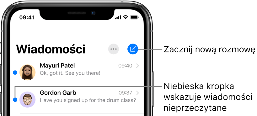 Lista wiadomości z przyciskiem Edycja w lewym górnym rogu oraz przyciskiem tworzenia wiadomości w prawym górnym rogu. Niebieska kropka po lewej stronie wiadomości wskazuje, że nie została ona przeczytana.
