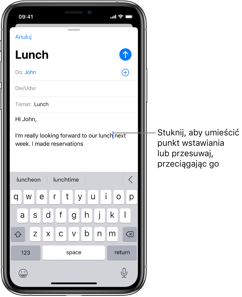 Robocza wiadomość email. Punkt wstawiania umieszczony jest w miejscu, w którym zostanie wstawiony tekst.