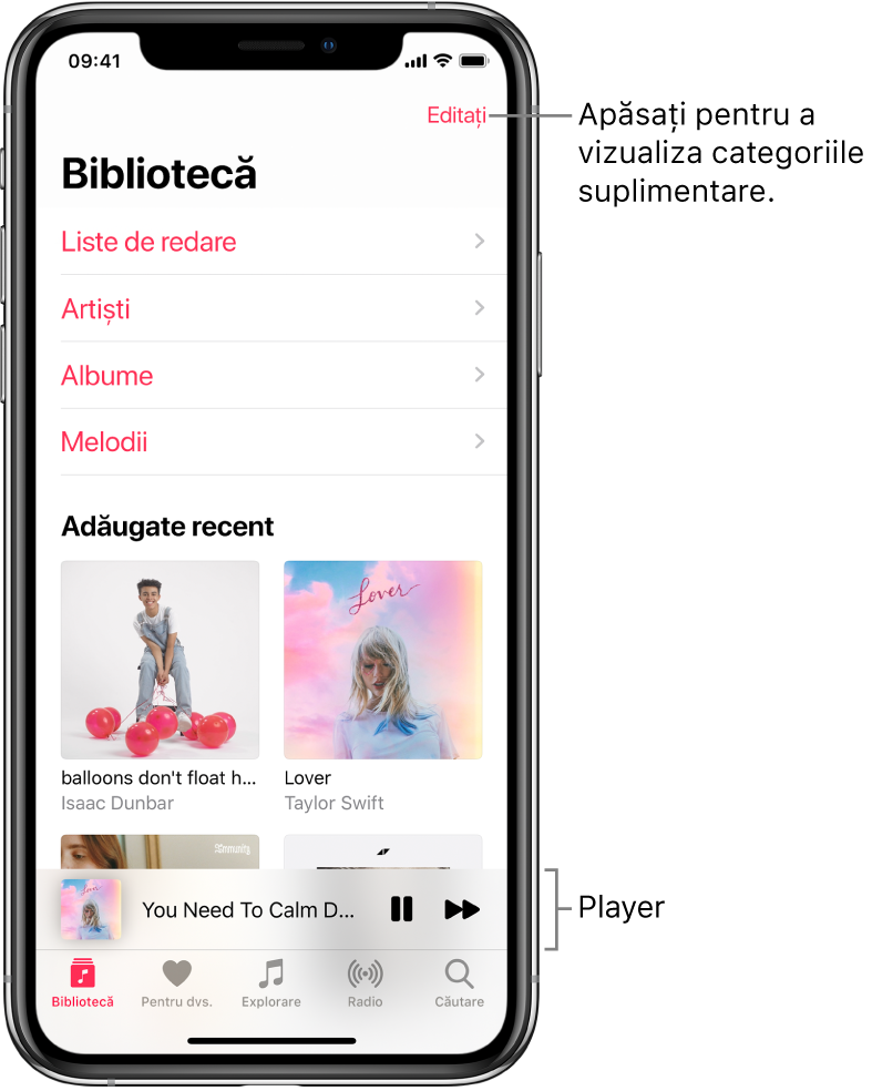 Ecranul Bibliotecă afișând o listă de categorii, inclusiv Liste de redare, Artiști, Albume și Melodii. Antetul Adăugate recent apare sub listă. Player afișând titlul melodiei curente, cu butoanele Suspendați și Înainte în apropierea părții de jos.