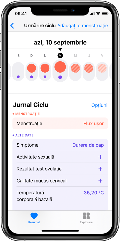 Ecranul Urmărire ciclu afișând sus cronologia pentru o săptămână. Cercurile roșu-închis marchează primele trei zile și ultimele două zile sunt albastru-deschis. Sub cronologie sunt opțiunile de adăugare a informațiilor despre menstruații, simptome și altele.