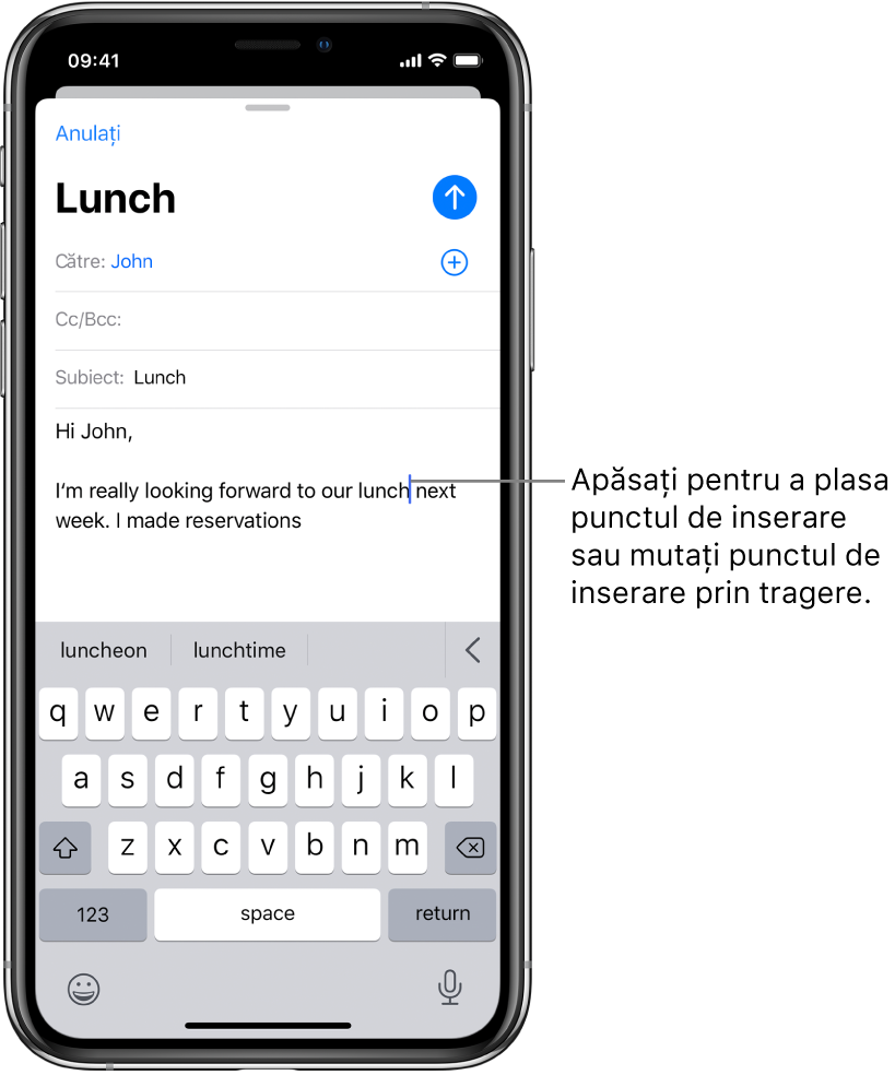Ciorna unui e-mail afișând punctul de inserare poziționat în locul unde va fi inserat textul.