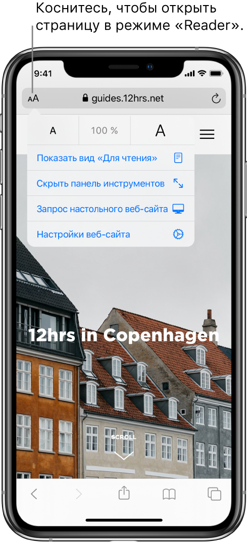 Поле адреса в Safari, с кнопкой «Reader» слева.