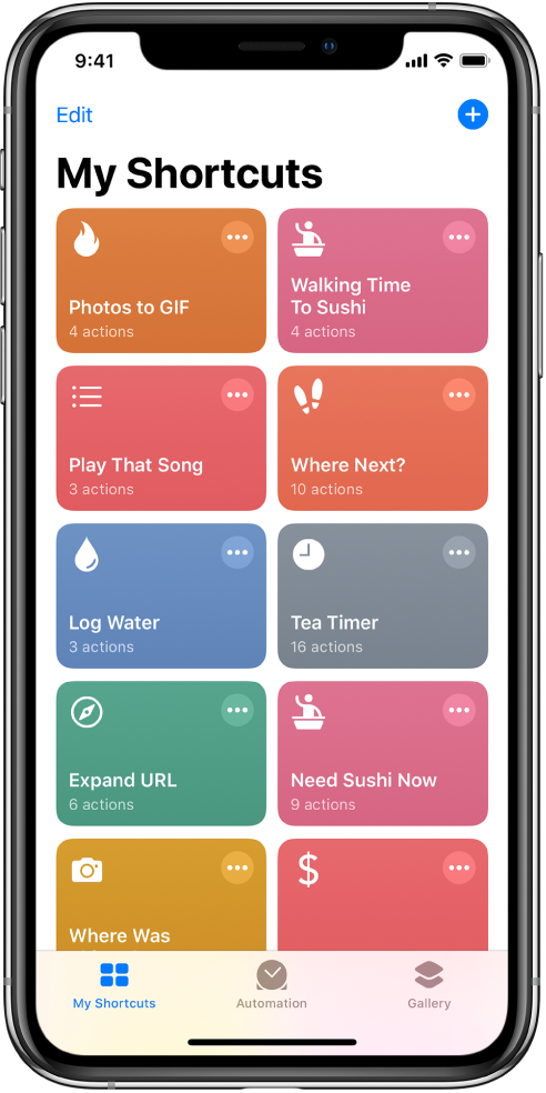 Skeda My Shortcuts. Një listë shkurtoresh për të kryer detyra të zakonshme të përditshme, si p.sh. caktim kronometri dhe gjetje restoranti për sushi. Në fund ndodhen skedat Automation dhe Gallery.