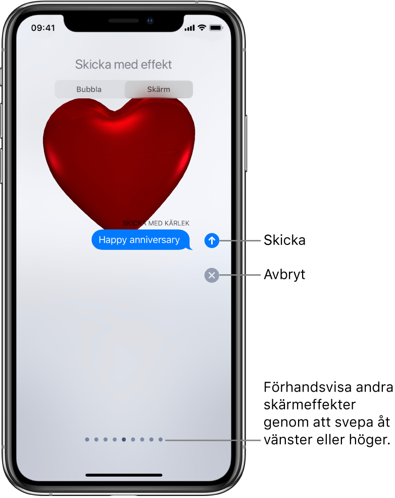 En förhandsvisning av ett meddelande med en helskärmseffekt med ett rött hjärta.