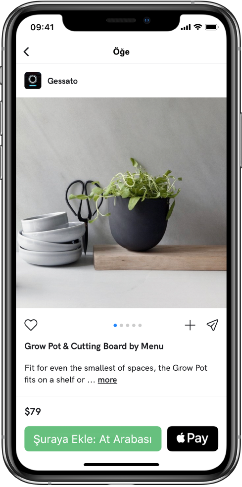 Apple Pay ile Satın Al düğmesinin yer aldığı bir ödeme ekranını gösteren bir uygulama.