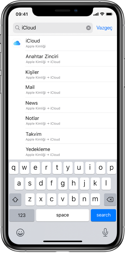 En üstte arama alanıyla arama ayarları ekranı. Arama alanında “iCloud” arama terimi var. Bulunan ayarlar ise alttaki listede.