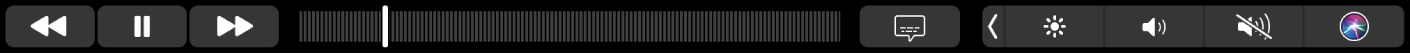 Pasek Touch Bar w aplikacji TV z przyciskami do przewijania do tyłu, odtwarzania/wstrzymywania, przewijania do przodu, Extras, przyciskami napisów, Menu oraz pasek przewijania do nawigacji.