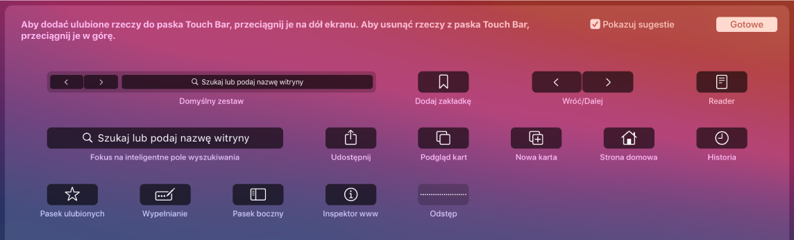 Opcje dostosowania Safari, które można przeciągać na pasek Touch Bar.