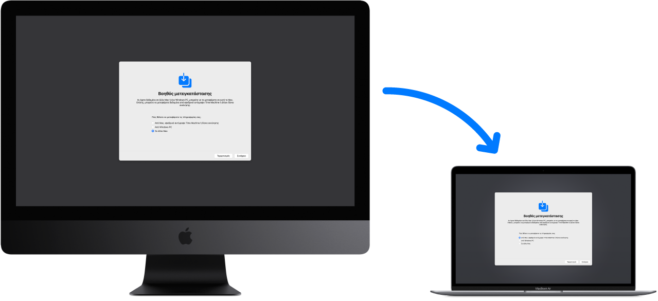 Ένα παλιό iMac όπου φαίνεται η οθόνη του Βοηθού μετεγκατάστασης, συνδεδεμένο σε ένα νέο MacBook Air όπου είναι επίσης ανοιχτή η οθόνη του Βοηθού μετεγκατάστασης.