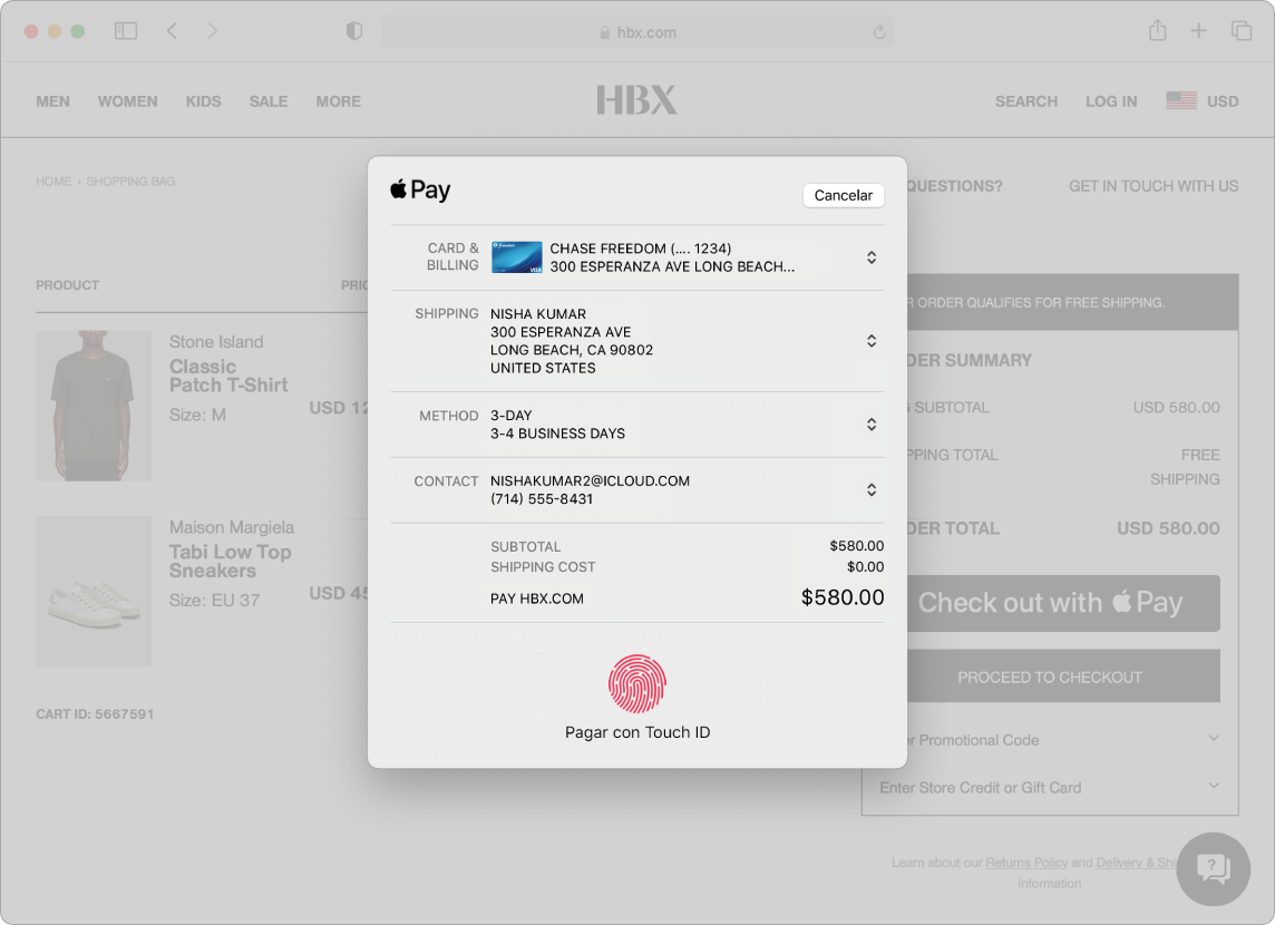 Una pantalla de Mac que muestra una compra en línea en curso con la opción de Apple Pay en Safari.