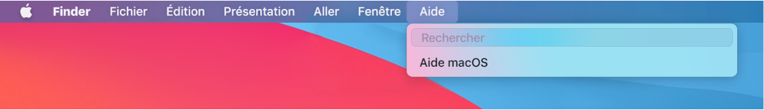 Un bureau partiel avec un menu Aide ouvert, affichant les options de menu Recherche et Aide macOS.