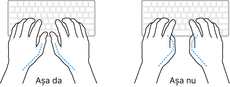Mâini poziționate deasupra unei tastaturi, indicând alinierea corectă și incorectă a degetelor mari.