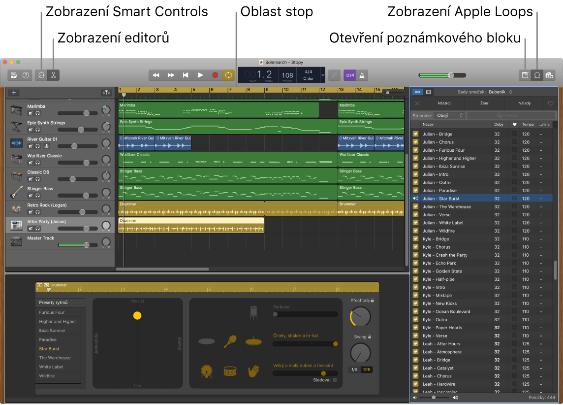 Okno GarageBandu s popisky tlačítek pro přístup k ovládacím prvkům Smart Controls, editorům, poznámkám a smyčkám Apple Loops. Jsou zde také vidět jednotlivé stopy skladby