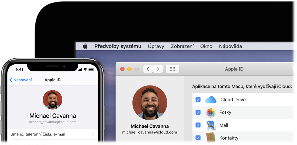 iPhone s nastaveními iCloudu a obrazovka Macu s oknem iCloudu