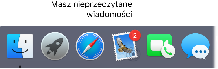 Fragment Docka zawierający ikonę Mail z plakietką informującą o liczbie nieprzeczytanych wiadomości email.