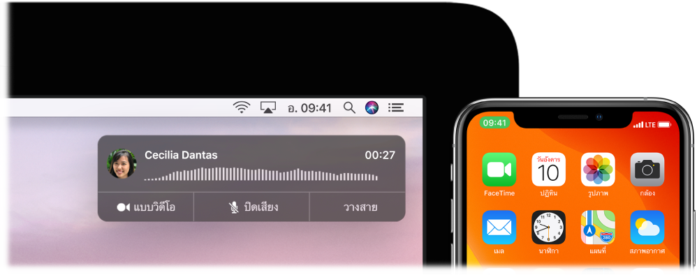 หน้าจอ Mac ซึ่งกำลังแสดงหน้าต่างแจ้งเตือนสายโทรที่มุมขวาบนสุด และ iPhone ที่กำลังแสดงว่ากำลังอยู่ในระหว่างคุยสายผ่าน Mac