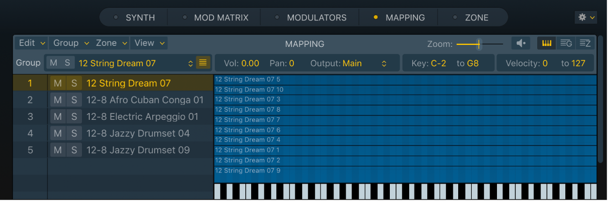 Abbildung. Key Mapping Editor mit mehreren Gruppen, die mittels Drag & Drop und der Methode „Optimized – Zone per Note“ importiert wurden. Die ausgewählte Gruppe umfasst mehrere Audiodateien.