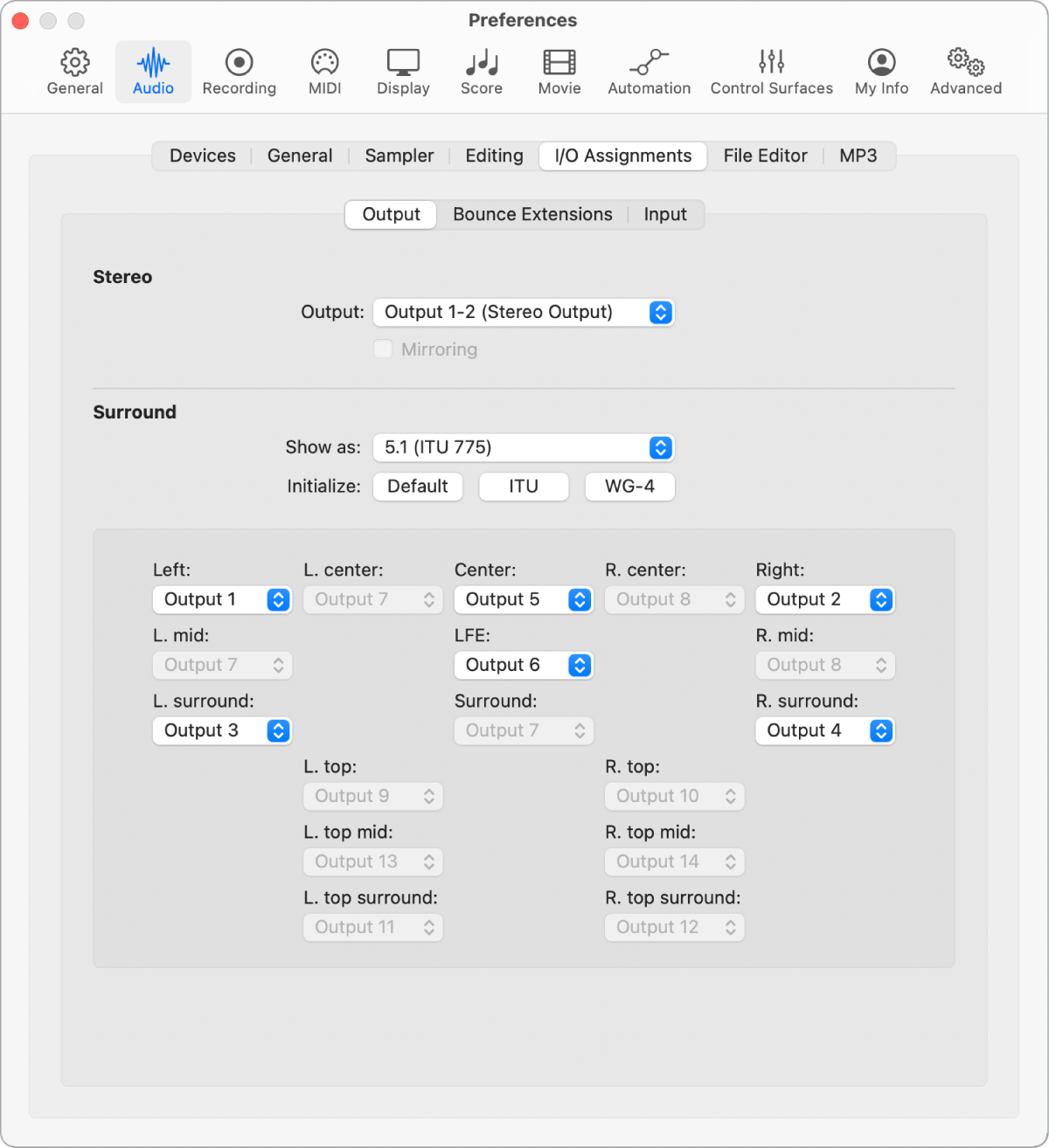Figure. Sous-fenêtre Assignations E/S des préférences Audio.