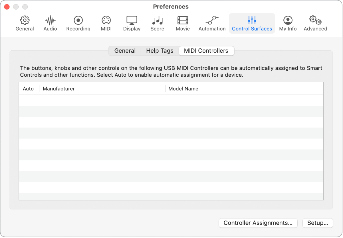 Figure. Préférences des contrôleurs MIDI de Logic Pro