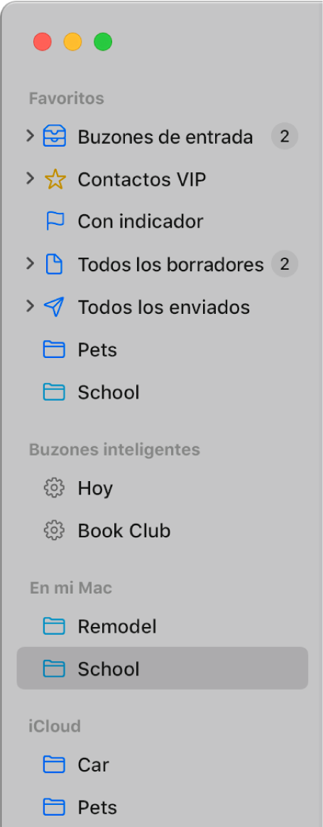 Barra lateral de Mail con los buzones estándar (como Entrada y Borradores) en la parte superior de la barra lateral y los buzones que hayas creado en la sección “En mi Mac” y iCloud.