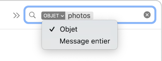 Un filtre de recherche avec la flèche vers le bas développée affichant deux options : Objet et « Message entier ». Objet est sélectionné.