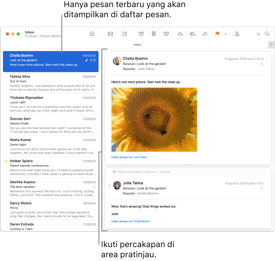 Hanya pesan terbaru dari percakapan yang ditampilkan di daftar pesan. Angka di pesan teratas menunjukkan ada berapa pesan percakapan di kotak mail saat ini. Mengikuti percakapan di area pratinjau.