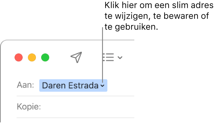 Een slim adres met de pijl waarop je kunt klikken om een slim adres te wijzigen, te bewaren of te gebruiken.
