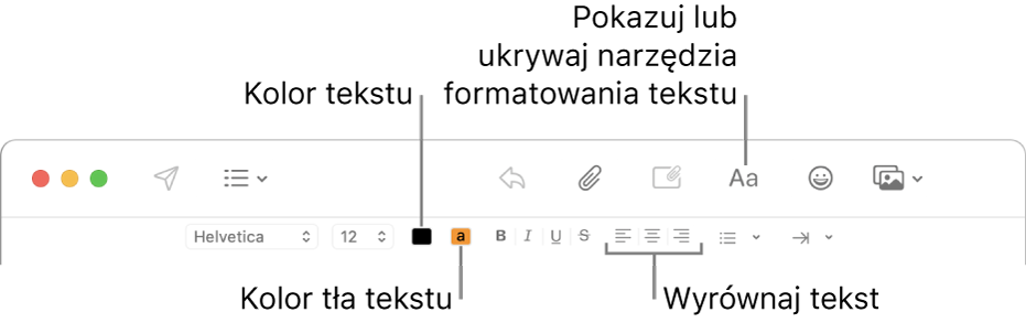 Pasek narzędzi oraz pasek formatu w oknie nowej wiadomości wskazujący przyciski stosowania koloru tekstu, koloru tła oraz wyrównania.
