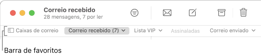 Barra de favoritos a mostrar o botão “Caixas de correio” e os botões para aceder às caixas de correio favoritas, como “Lista VIP” ou “Assinaladas”.
