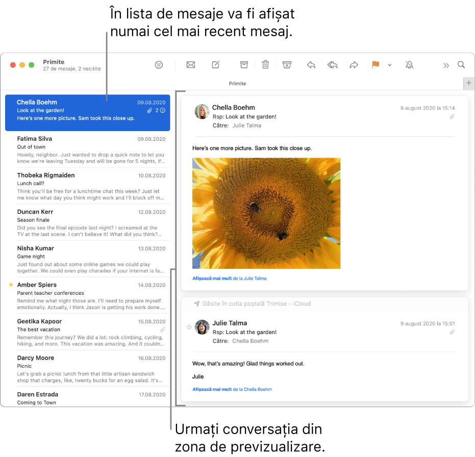 Doar cel mai recent mesaj al unei conversații este afișat în lista de mesaje. Un număr la mesajul de sus arată câte mesaje dintr-o conversație se află în cutia poștală curentă. Urmăriți conversația în zona de previzualizare.