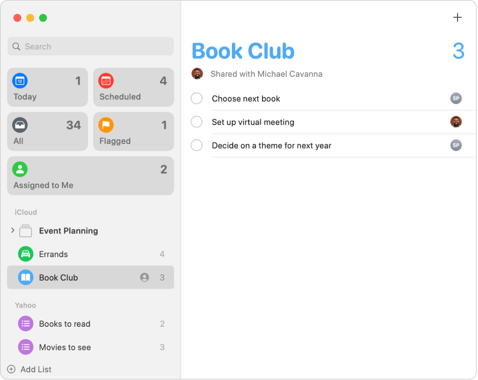 The Reminders window, showing reminders from iCloud and Yahoo accounts.