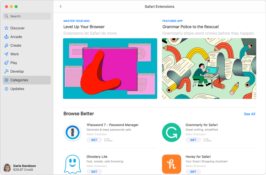 The Safari Extensions Mac App Store page. The sidebar on the left includes links to other pages: Discover, Create, Work, Play, Develop, Categories, and Updates. On the right are available Safari Extensions.