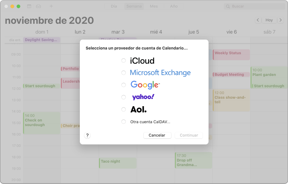 Una ventana de Calendario mostrando el panel "Agregar cuenta".