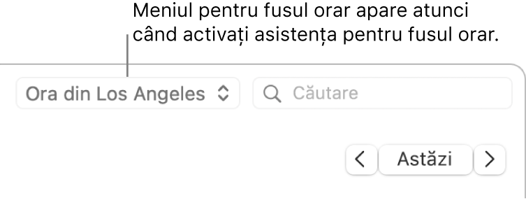 La activarea asistenței va apărea meniul fusului orar în stânga câmpului de căutare