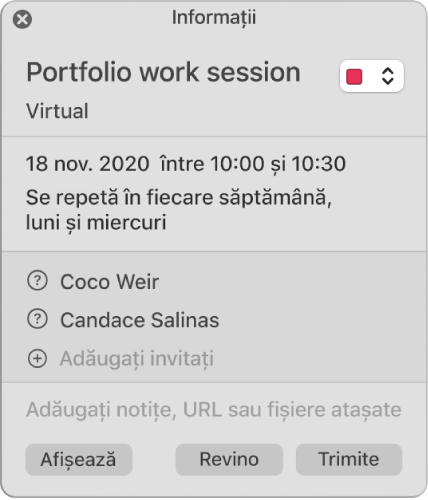 Fereastră de informații privind un eveniment, decupată pentru a se vedea doar invitații