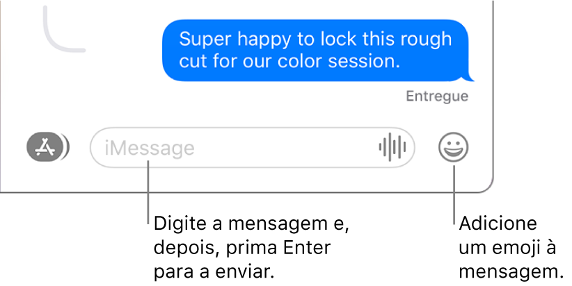 Uma conversa na janela da aplicação Mensagens, com o campo de texto na parte inferior da janela.