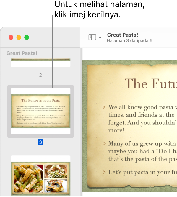 PDF dengan imej kecil dipaparkan dalam bar sisi.