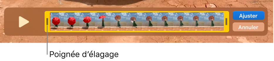 Un plan dans la fenêtre QuickTime Player, montrant une partie du plan entre les poignées jaunes, et le reste en dehors. Le bouton Élaguer et le bouton Annuler sont à droite.