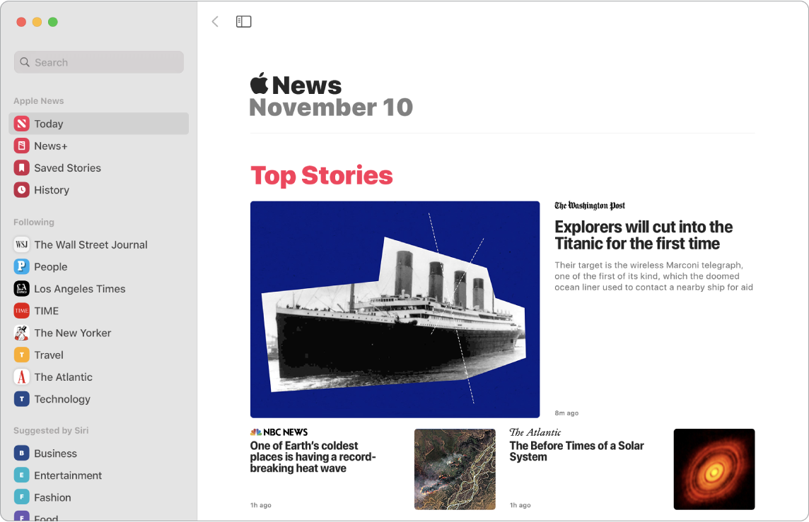 Ventana de la app News mostrando la lista de seguimiento y Top Stories.