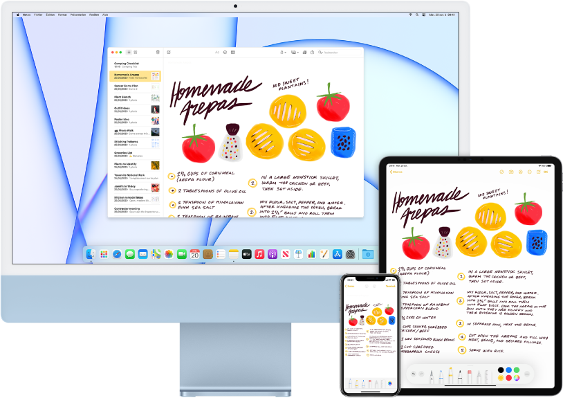 Une liste de courses dans l’app Notes affichée sur l’iMac, l’iPhone et l’iPad.