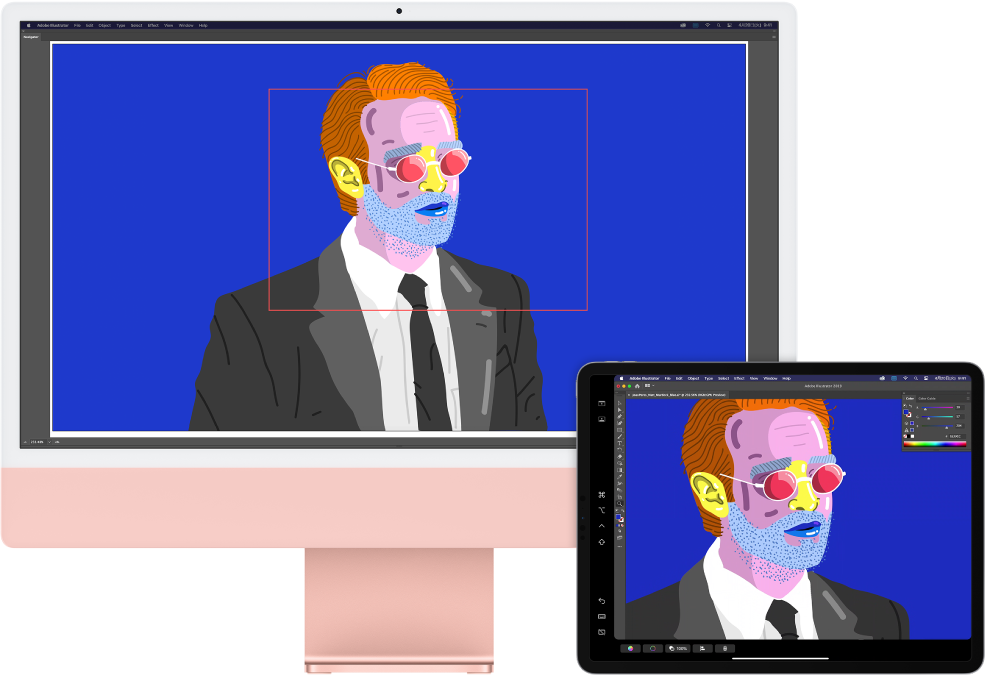 iMacとiPadが並んでいます。iMac上のIllustratorのナビゲータウインドウ内にアートワークが表示されています。iPad上のIllustratorのドキュメントウインドウにも同じアートワークが表示され、周囲には各種ツールバーが表示されています。