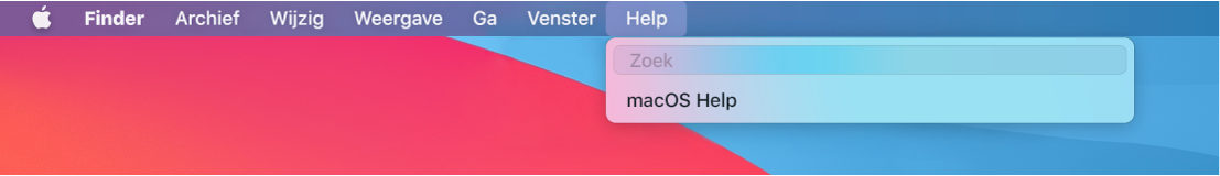 Een gedeelte van een bureaublad waarop het Help-menu is geopend, met de opties 'Zoek' en 'macOS Help'.