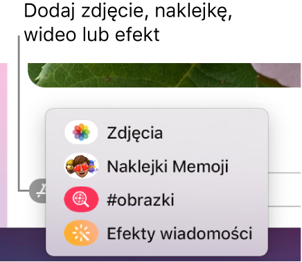 Menu aplikacji z opcjami wyświetlania zdjęć, naklejek Memoji, animacji GIF oraz efektów wiadomości.